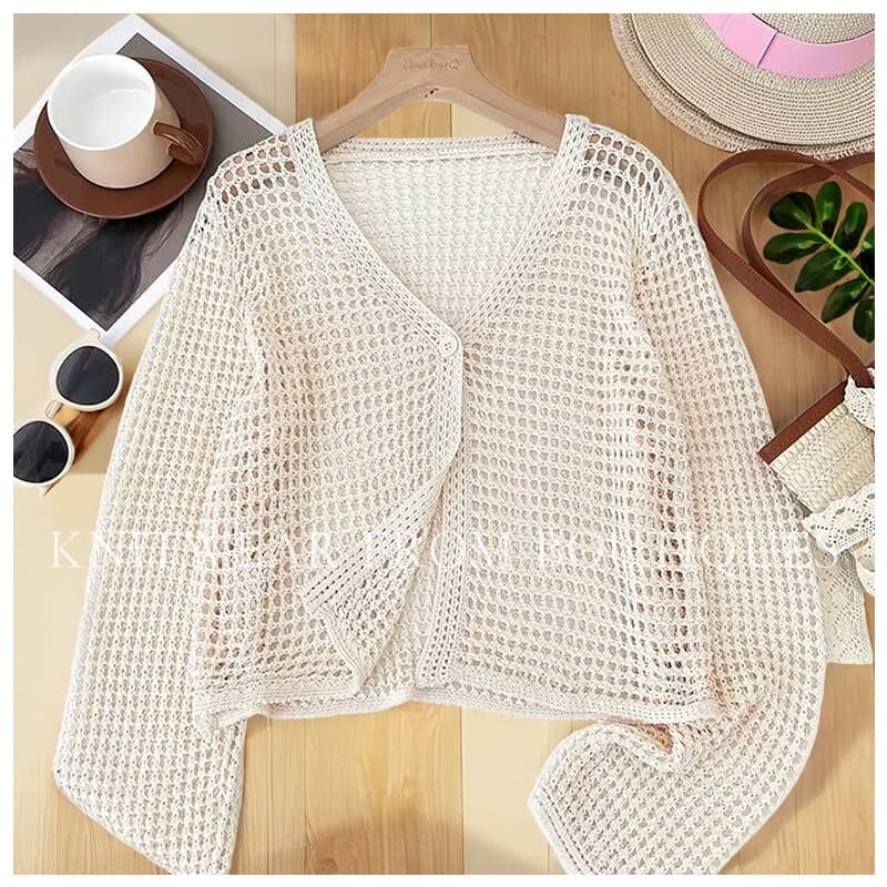New Summer Hollow Slightly Sheer Short Knit Cardigan for Women, Loose Air Conditioning Cover-Up, Layered Long-Sleeve Sun Protection Top