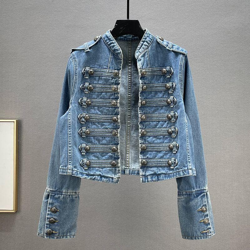 Internet celebrity same style 2026 spring new style classic metal rib buckle design shoulder strap washed denim top short jacket
