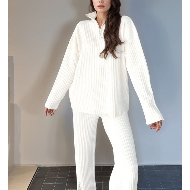 2025 Fall/Winter New Women's Solid Zip-Up Knit Set with High Neck Ribbed Lounge Two-Piece