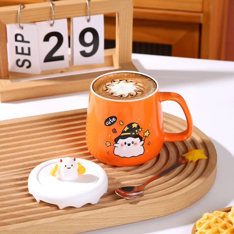Cross-border Creative Halloween Ceramic Mug with Lid Cute Witch Cat Shape Coffee Cup Souvenir Gift