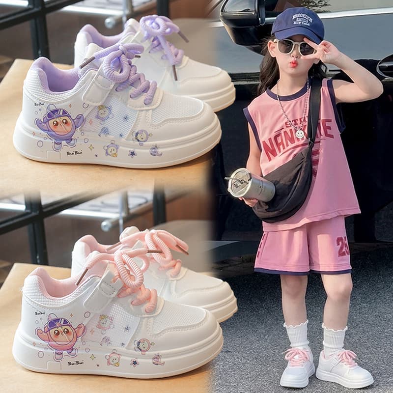 Girls' White Shoes 2026 Spring/Summer New Children's Casual Sneakers Leather Upper Breathable Mesh Sports Shoes