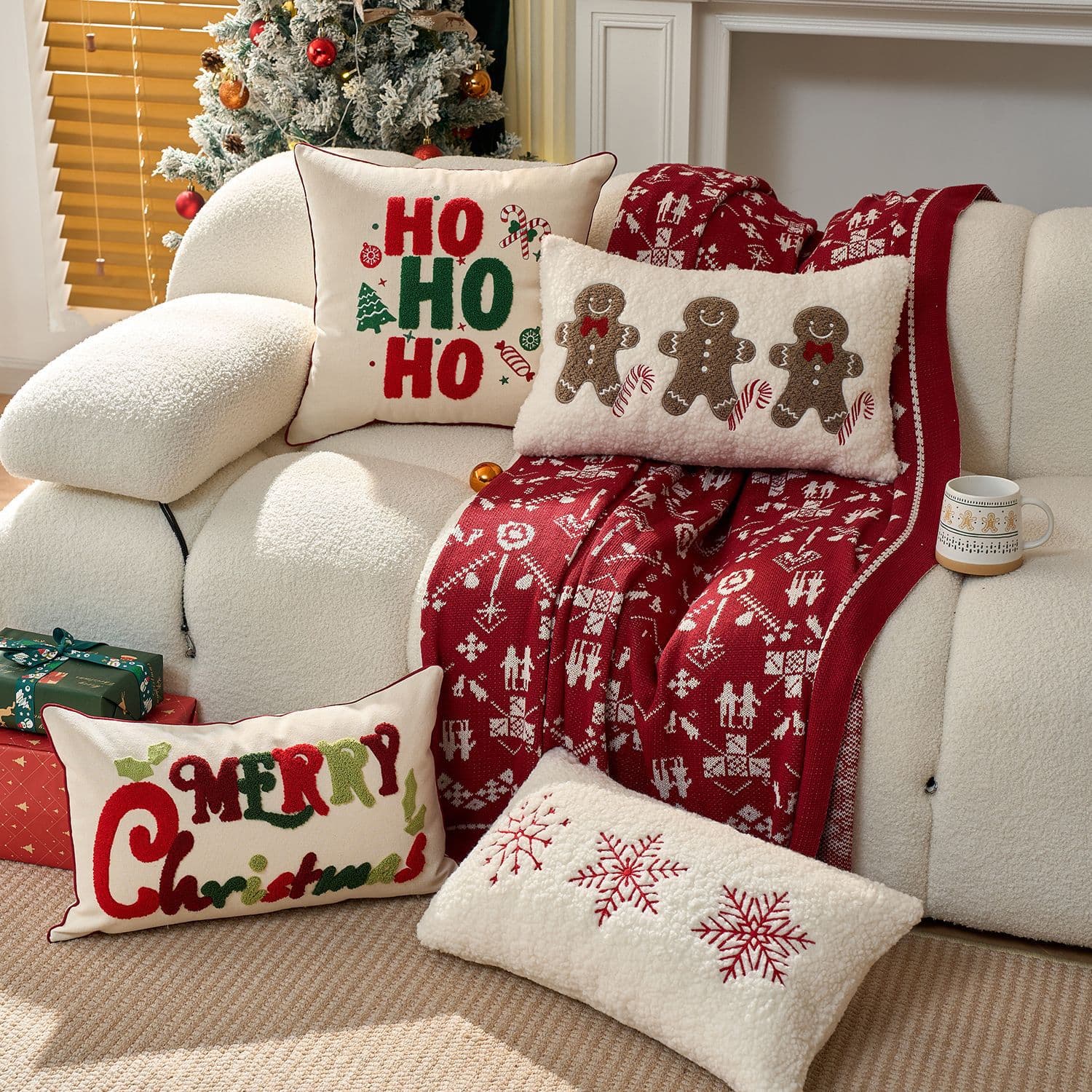 Carefully Selected Cross-Border New Christmas Embroidered HOHOHO Throw Pillow Red Snowflake Cushion Cover Gingerbread Man Embroidery