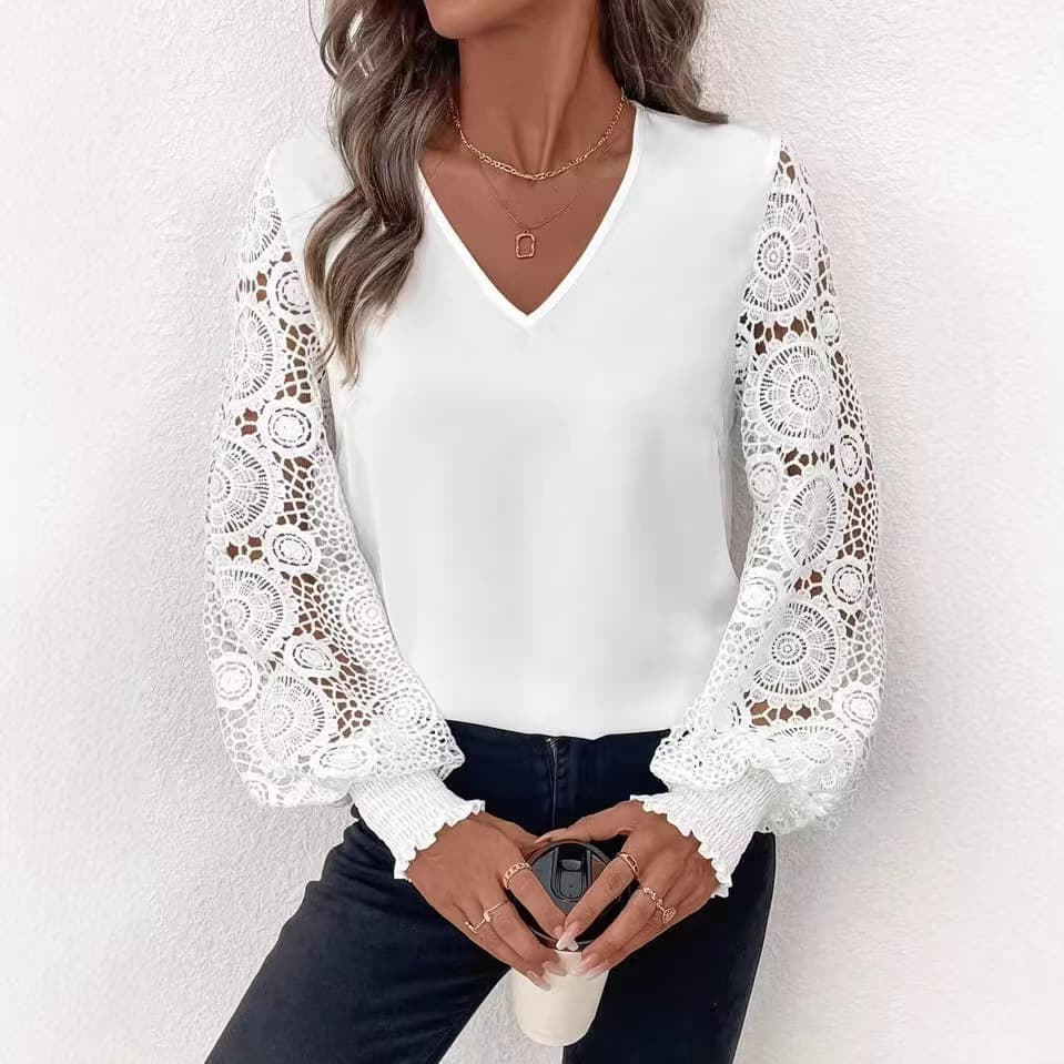 European and American Cross-Border Hot-Selling Solid Color Patchwork Embroidered Long-Sleeve V-Neck Spring/Summer Elegant Blouse for Women - Independent Station