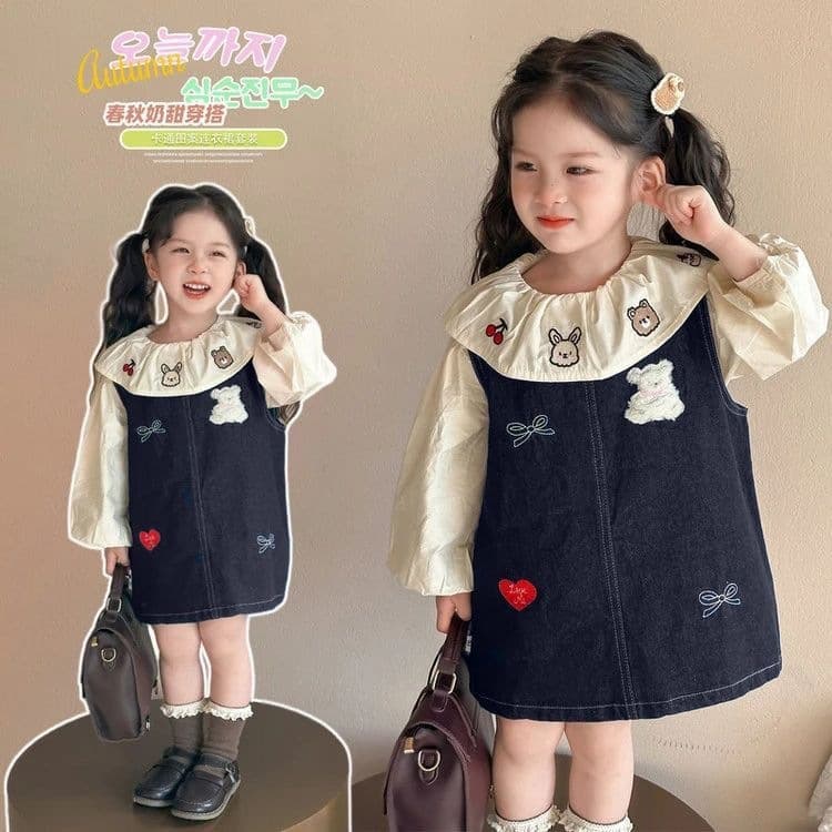 2026 Spring and Autumn New Baby Girl Doll Collar Shirt Denim Skirt Two-piece Set Girl Korean Fashionable Princess Skirt