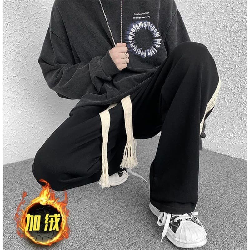 Hong Kong Street Style High-Street Patchwork Casual Trousers for Men, Autumn/Winter Thin or Fleece-Lined, Loose-Fitting, Versatile Black Sweatpants