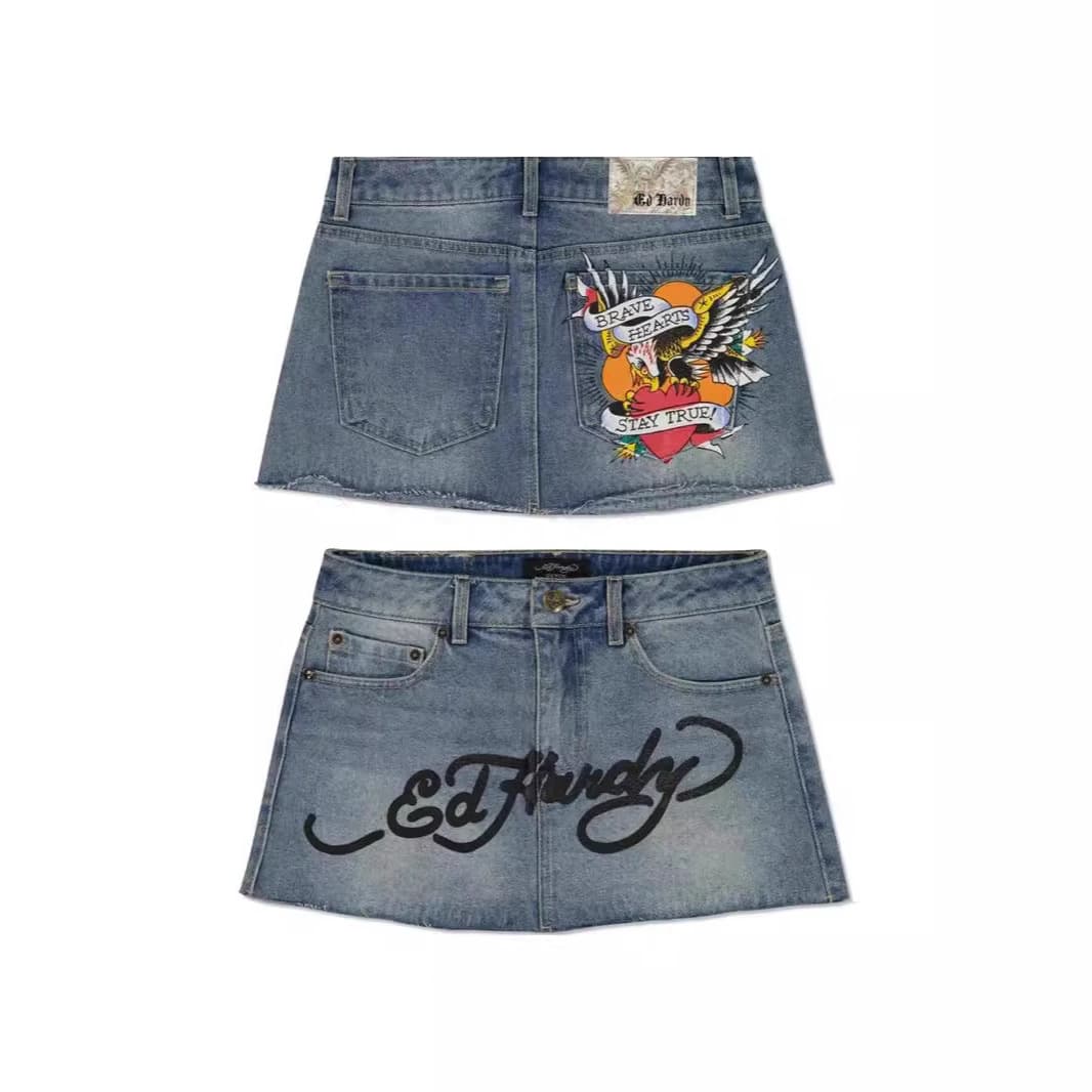 Y2K Harajuku Gothic Hip-Hop Letter Print Retro Blue Denim Skirt Women's Fashion Casual Mini Skirt