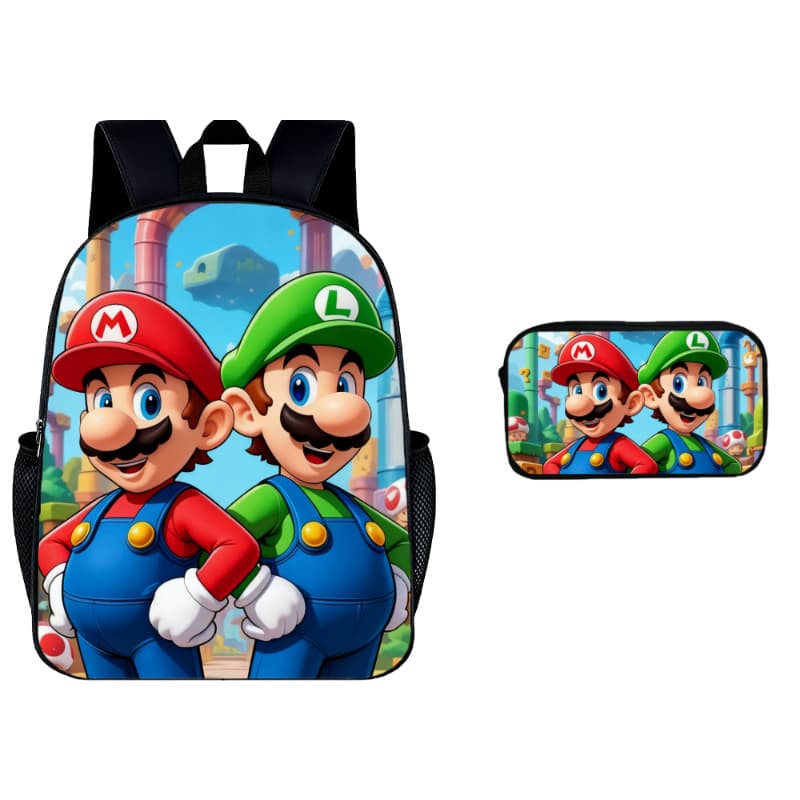 Mario Backpack Set Super Mario Print Student Backpack Pencil Case 2-Piece Set
