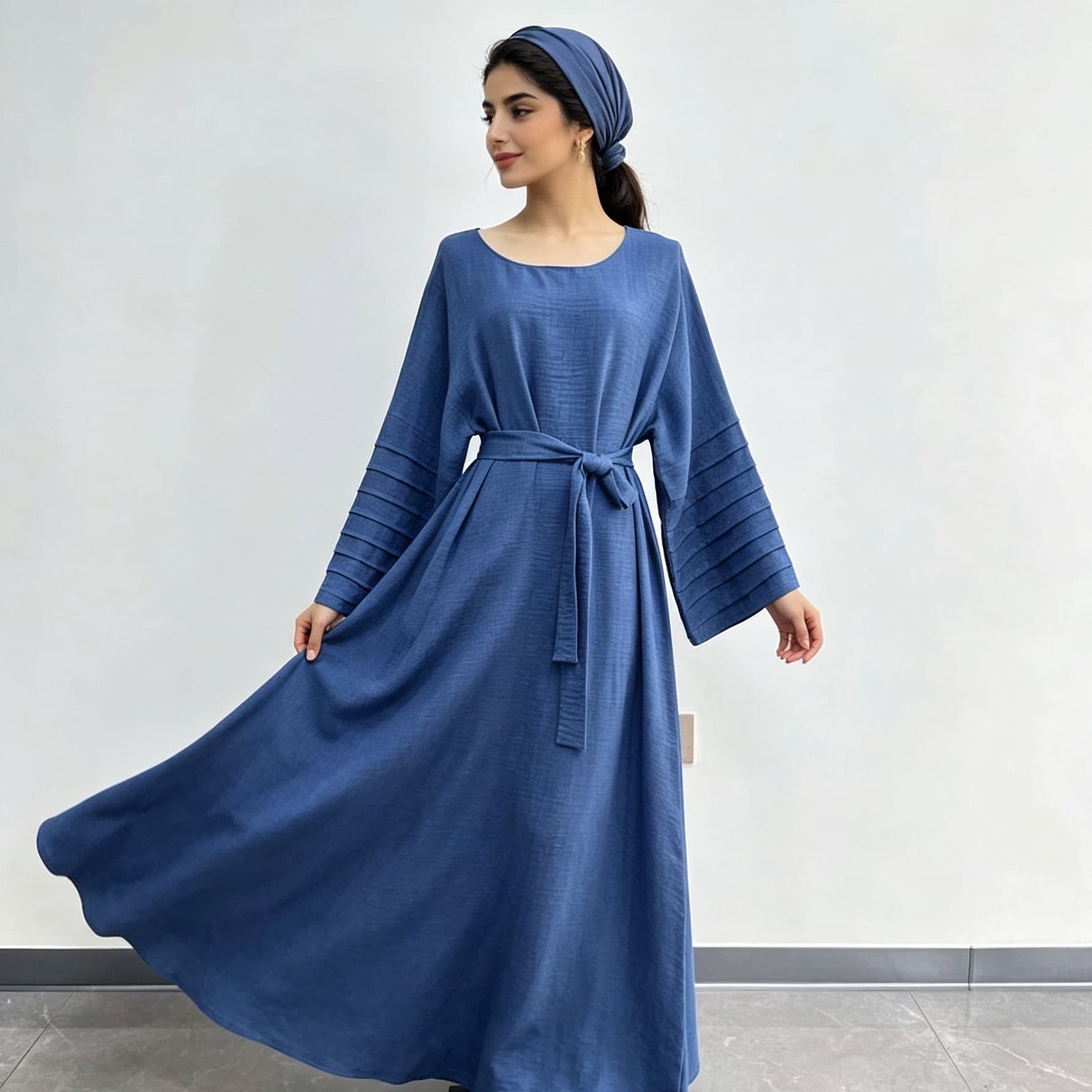 Export Women's Clothing Plus Size Long Dress Pleated Sleeve Loose Casual Solid Color Dress Long Robe Belt Cross-border K207