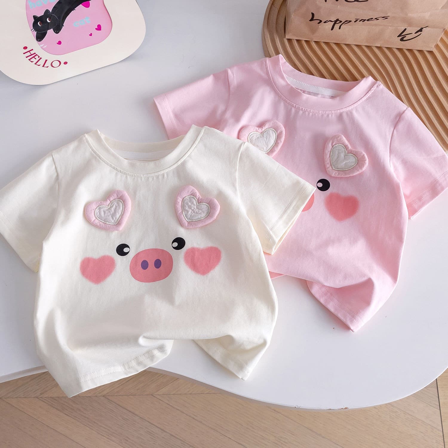 Korean Style Girls Summer New Cute Versatile Short Sleeve T-Shirt Baby Summer Love Heart Pig Top Base Layer