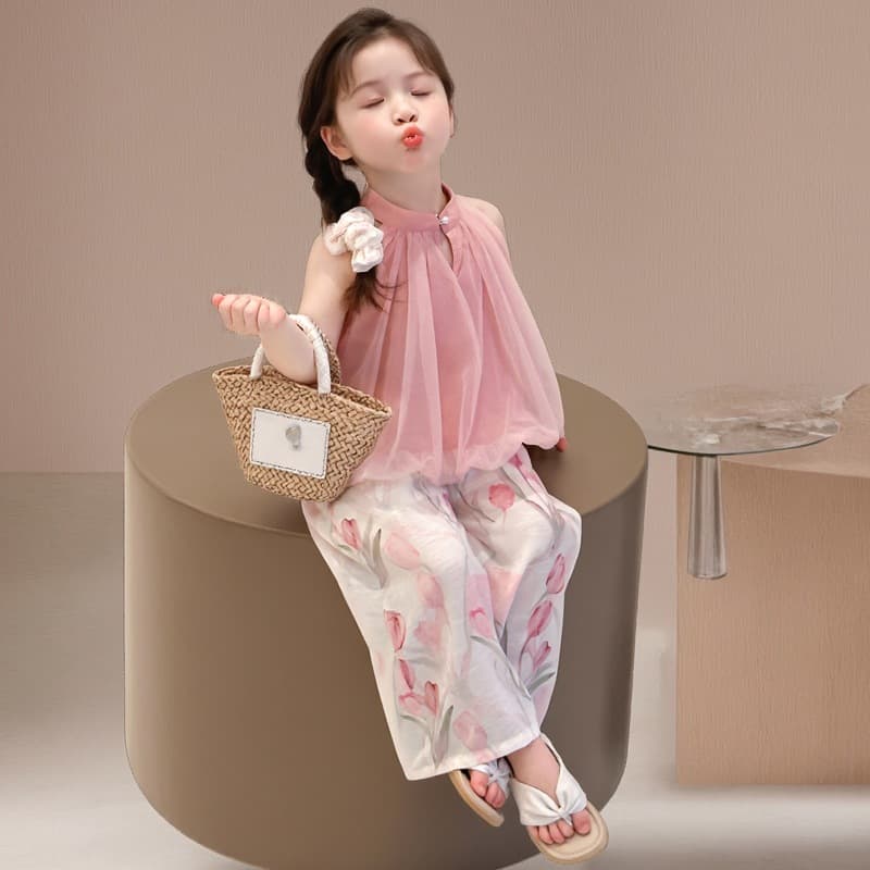 Korean Girls Sleeveless Flower Wide Leg Pants Suit 2026 Summer New Style Two-piece Set Internet Celebrity Children's Clothing Dropshipping