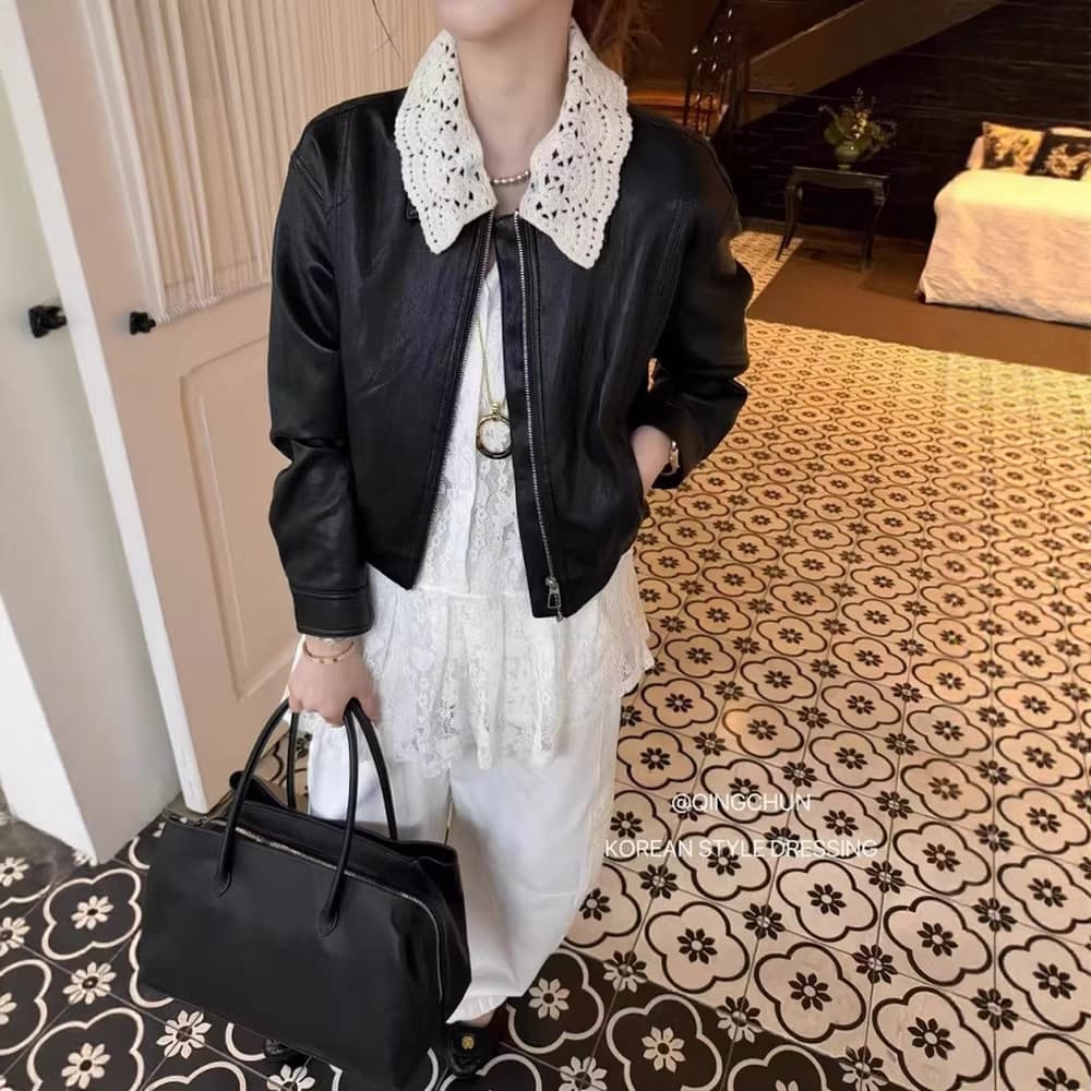 Korean-style PU Leather Jacket for Women 2026 Spring New Arrival Detachable Lace Collar Fashion Versatile PU Leather Coat