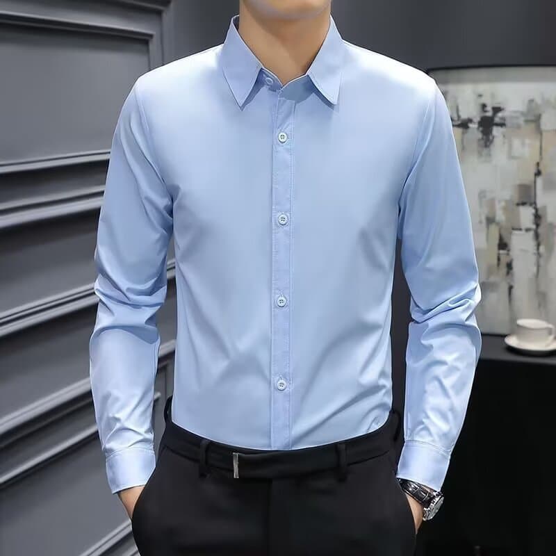 Men's Wedding Dress Shirt Black Gray Slim Fit Business Formal Wrinkle-Resistant Long Sleeve Suit Shirt