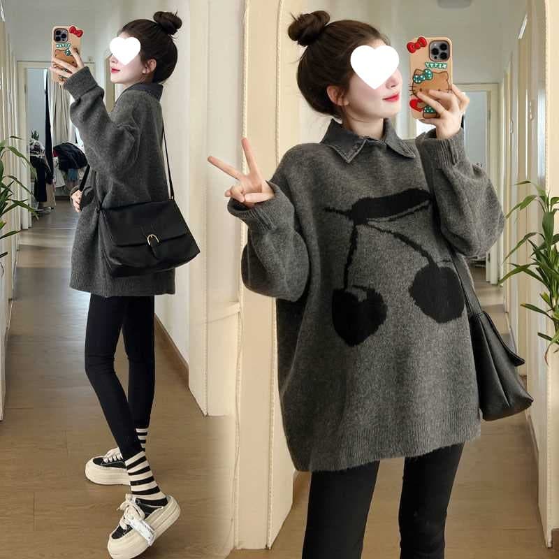 Plus Size Maternity Sweater Autumn/Winter Set Korean Lapel Loose Thickened Fake Two-Piece Knit Top Women's Wear