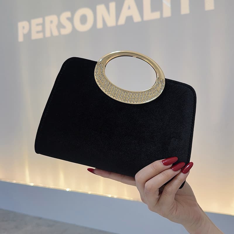 Direct Sales from the Source Factory, Black Velvet Evening Bag, Diamond-Encrusted Metal Ring Handbag, Dress Bag, Wholesale in Stock