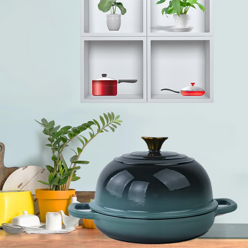 Cast Iron Enameled Bread Baking Pot, Dual-Ear Dual-Purpose Deep Cyan Cast Iron Dutch Oven, Multifunctional