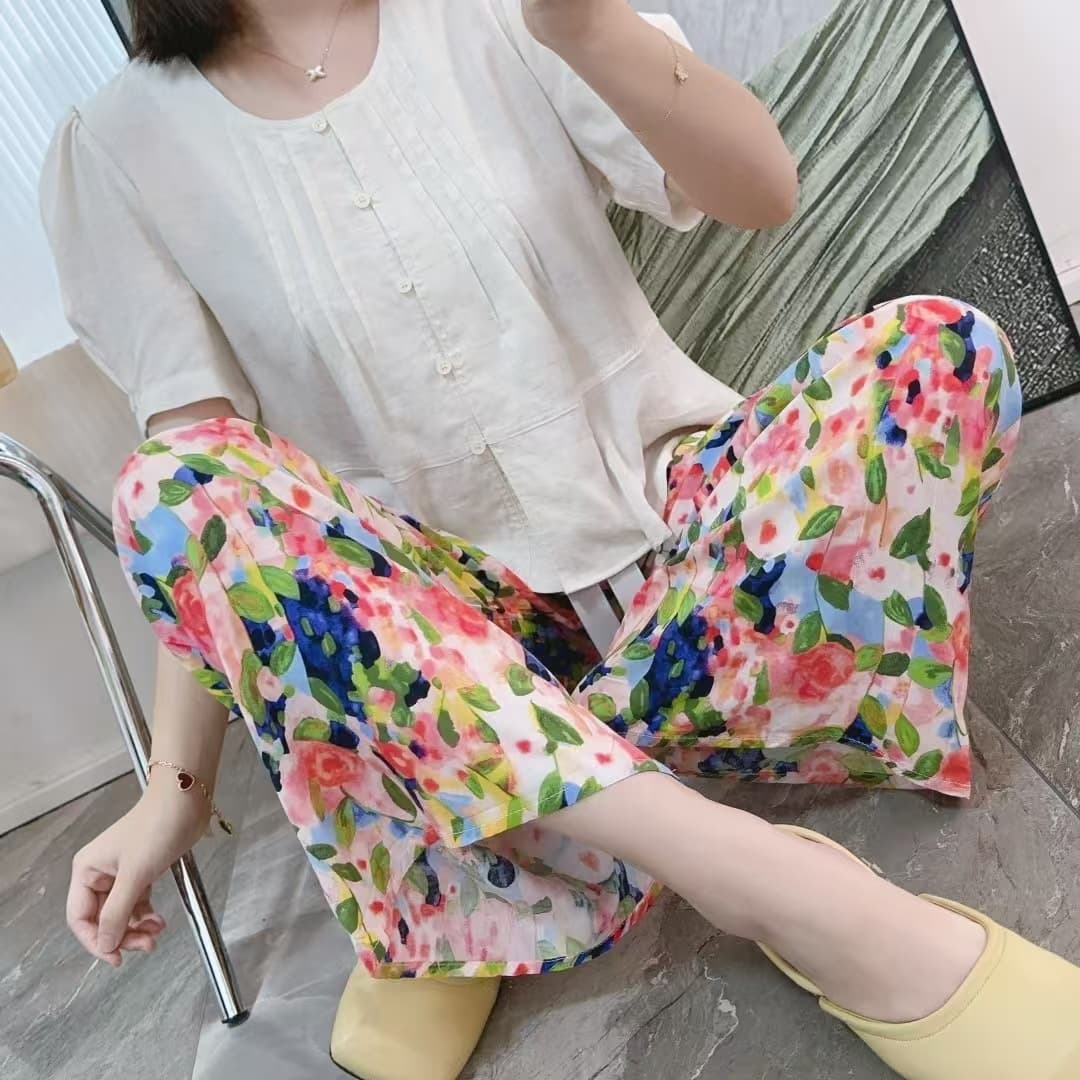 2025 Spring and Summer New Home Pants Plus Size High Waist Cotton Silk Printed Breathable Women's Pajama Pants