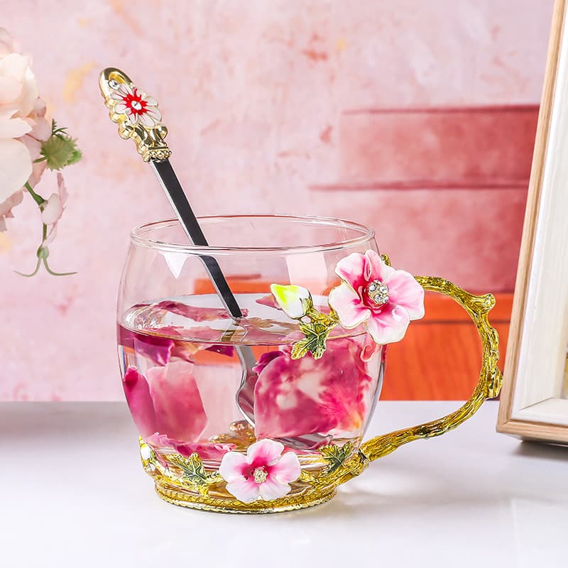 Cross-border Enamel Floral Tea Cup Household Glass Cup Afternoon Tea Water Cup Crystal Cup High Temperature Resistant Cup High Aesthetic