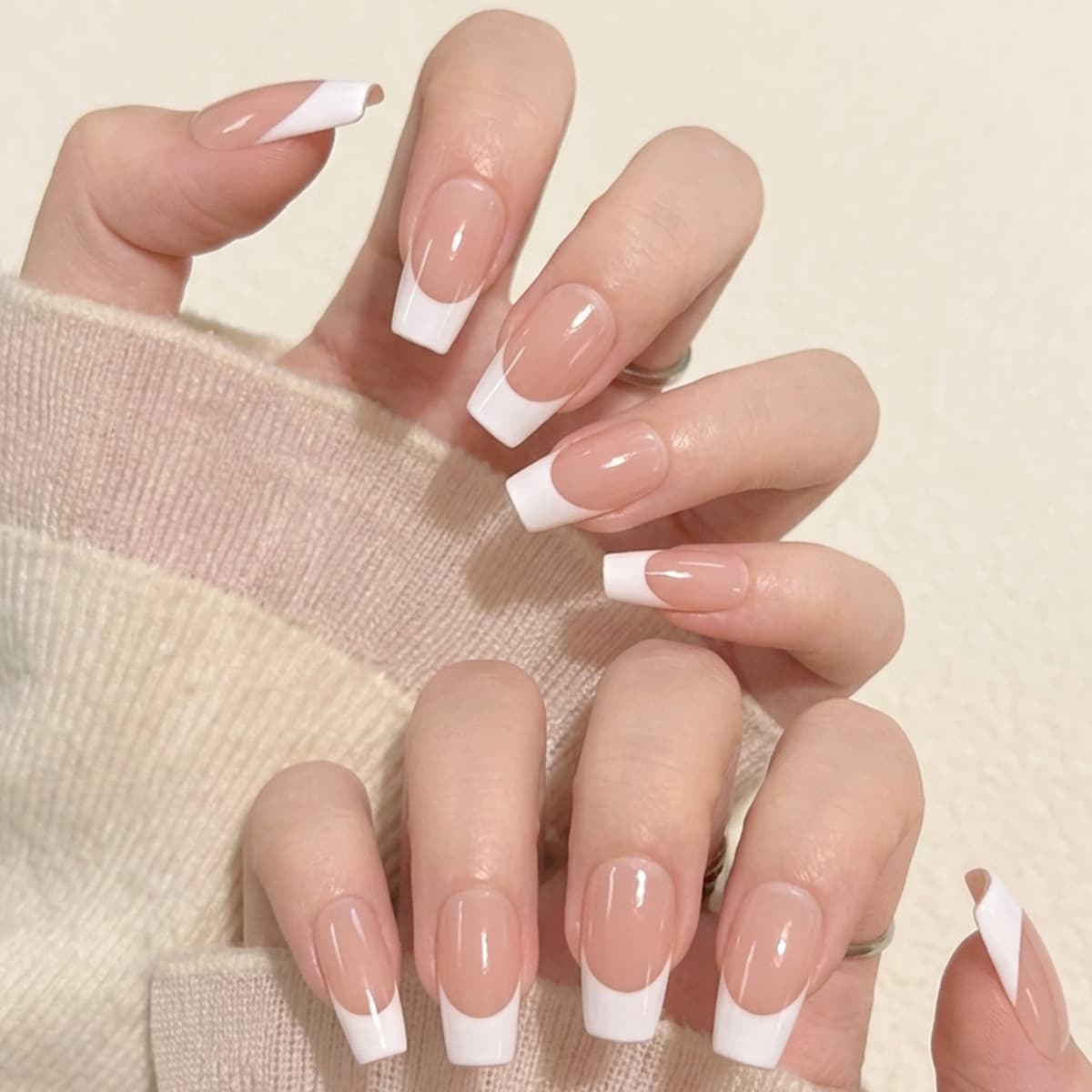30 Pieces Full-Size Peach Pink White French Wearable Nails, Simple French Style Icy Sheer Gentle Whitening False Nail Tips