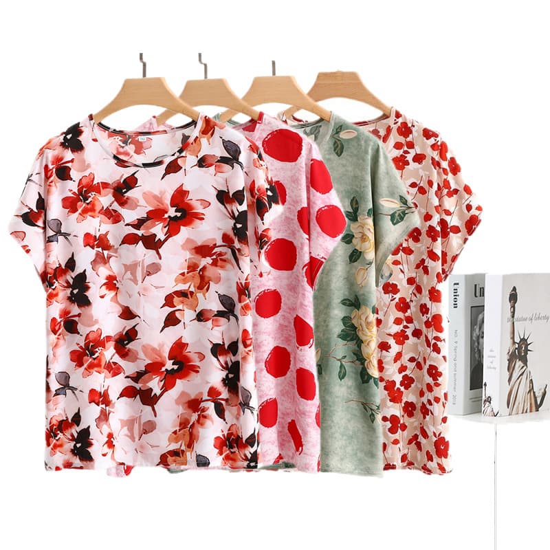 Cotton Silk Sleeveless T-Shirt for Middle-aged and Elderly Women, Summer Thin Artificial Cotton Plus Size Floral Pullover