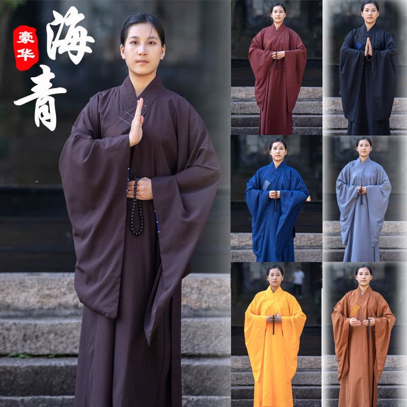 Women's Haqing meditation wear, men's exquisite luxurious gowns in deep coffee/ginger yellow/navy blue opaque monastic attire