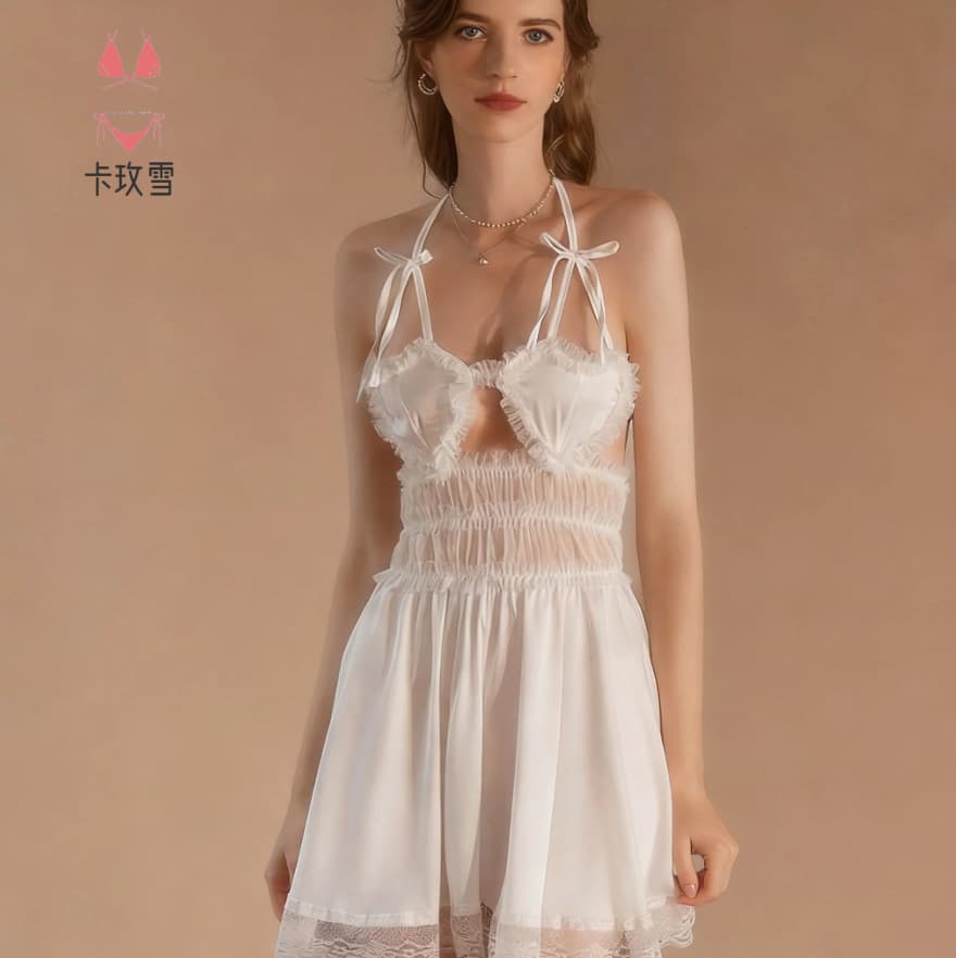 Kameixue Sexy Sleepwear Pure Desire Lace Backless Temptation Sleepwear Small Bust Cute Slip Dress Homewear 1715