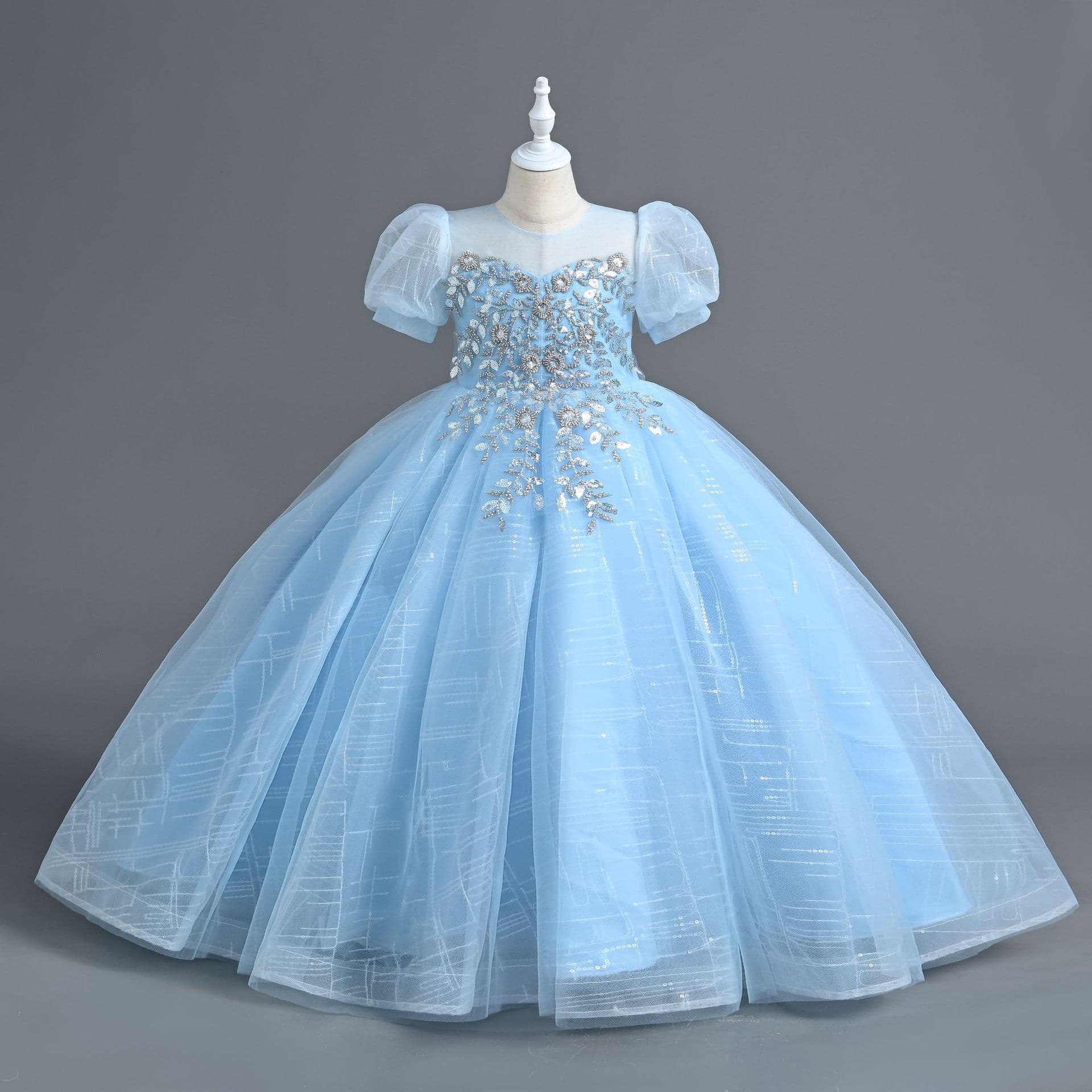 Summer New Piano Performance Dress Long Host Mesh Sequin Girls Princess Dress Summer Kids Formal Dress Wholesale