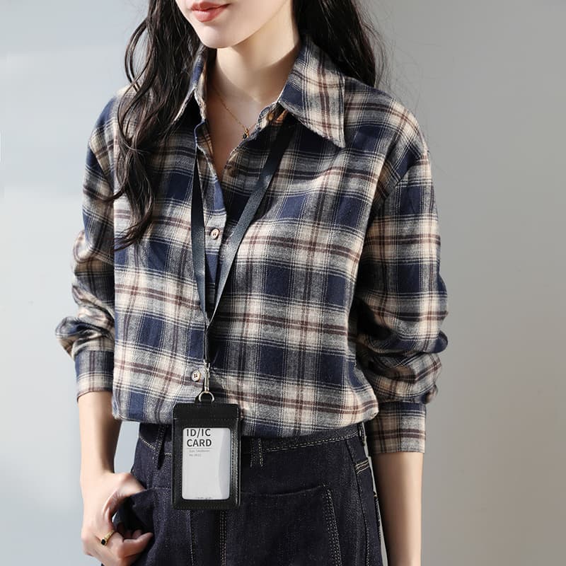 2025 Korean-Style Navy Brushed Plaid Shirt for Women, Relaxed Casual Long-Sleeve Shirt Jacket, Real Shot