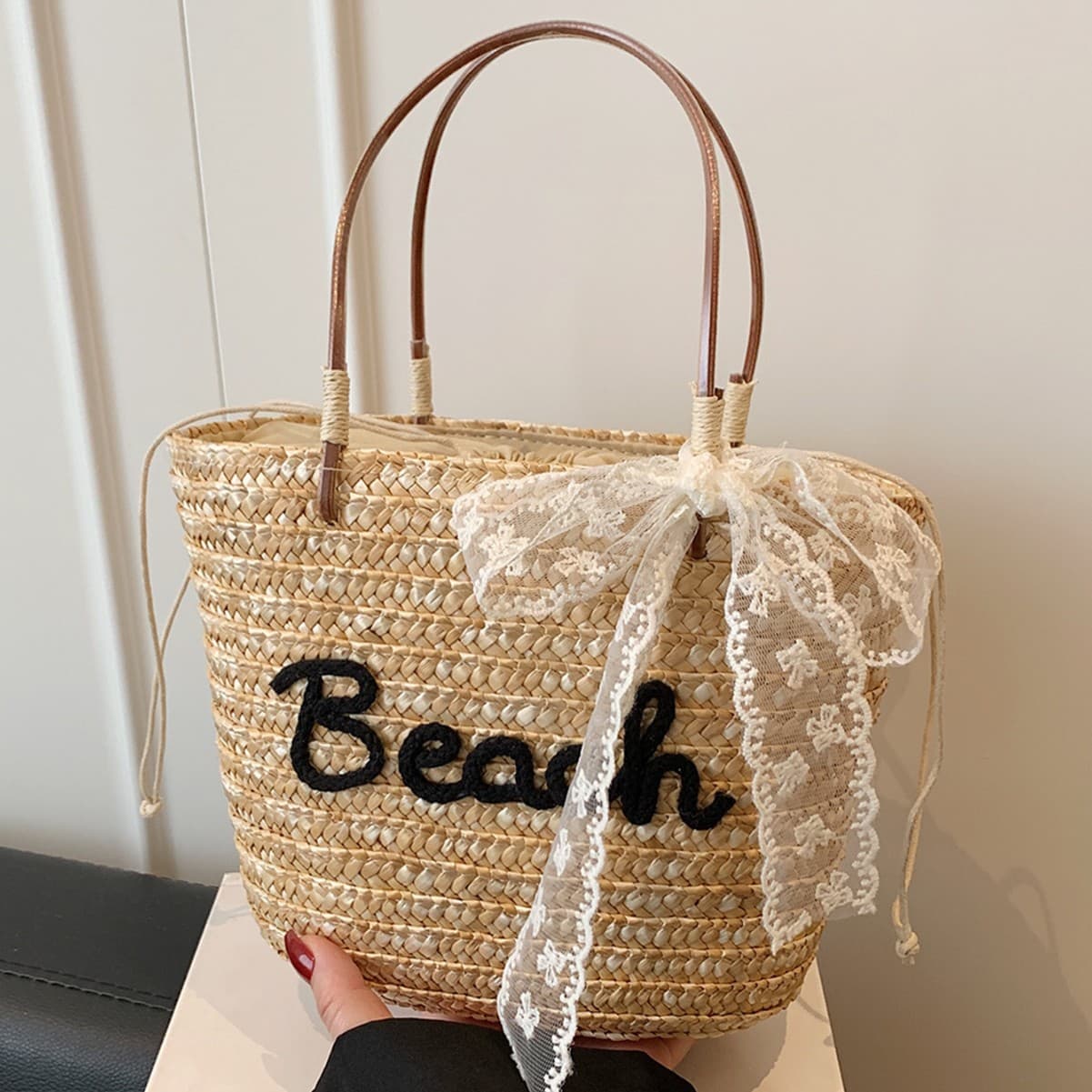Straw Woven Bag Women 2026 New Bow Letter Woven Tote Beach Vacation Travel Bag