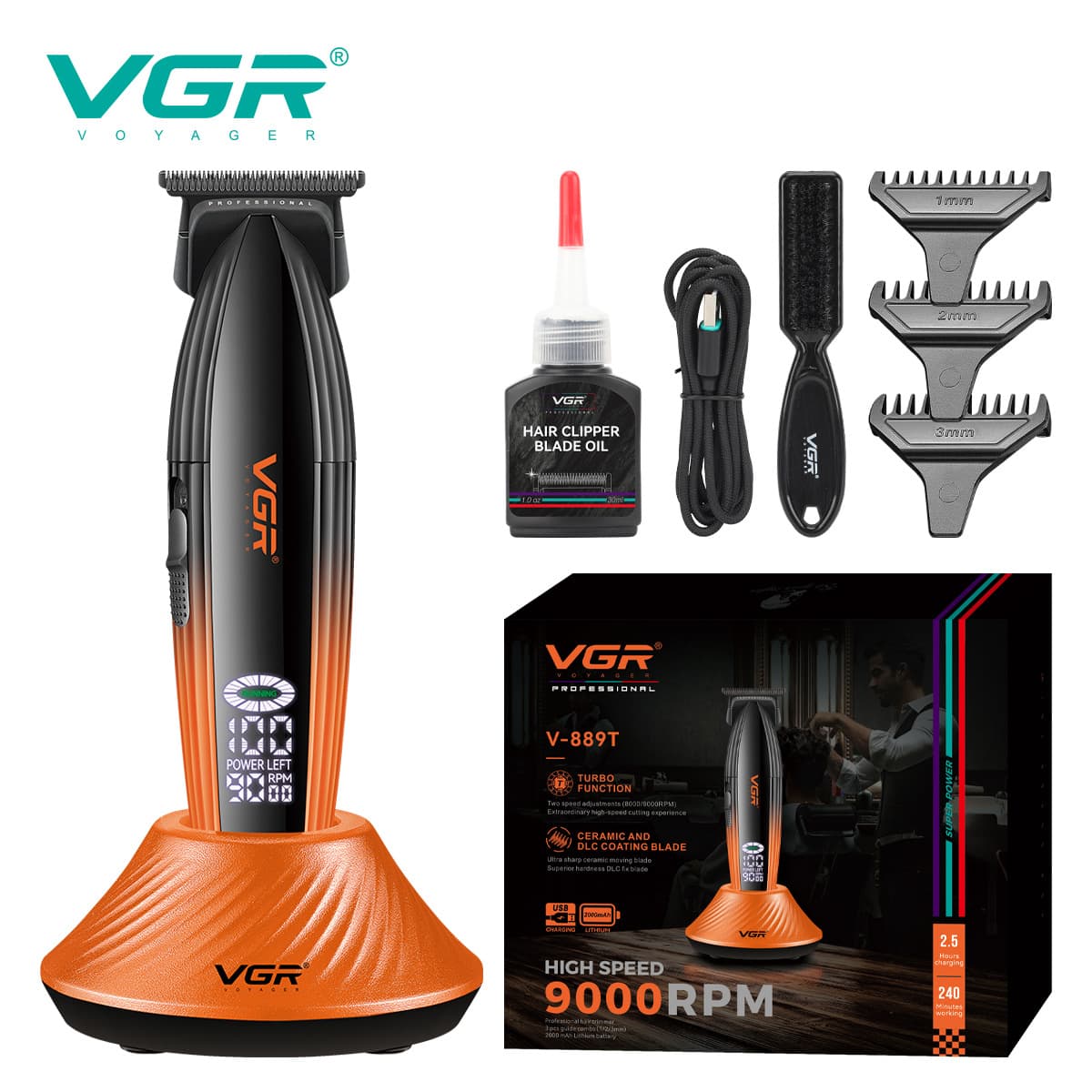 VGR889T cross-border new hair clipper with base charging, two-speed adjustment, digital display, high speed 9000RPM clipper