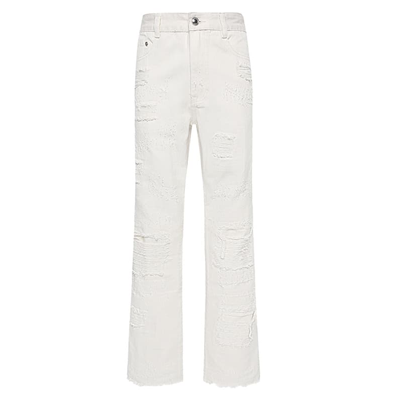 Solid color ripped jeans men's summer thin American high street brand pants slim straight leg bootcut pants white