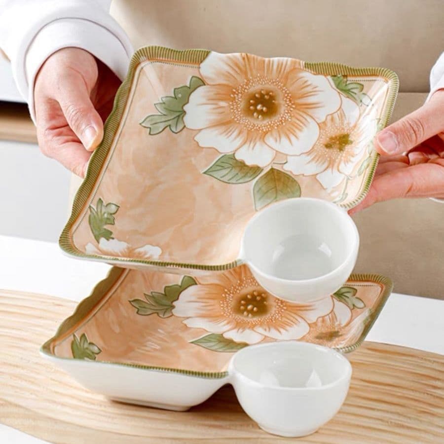 Ceramic dumpling plate with vinegar dish for home use 2024 new dumpling plate creative odd-shaped dish compartmentalized French fries others