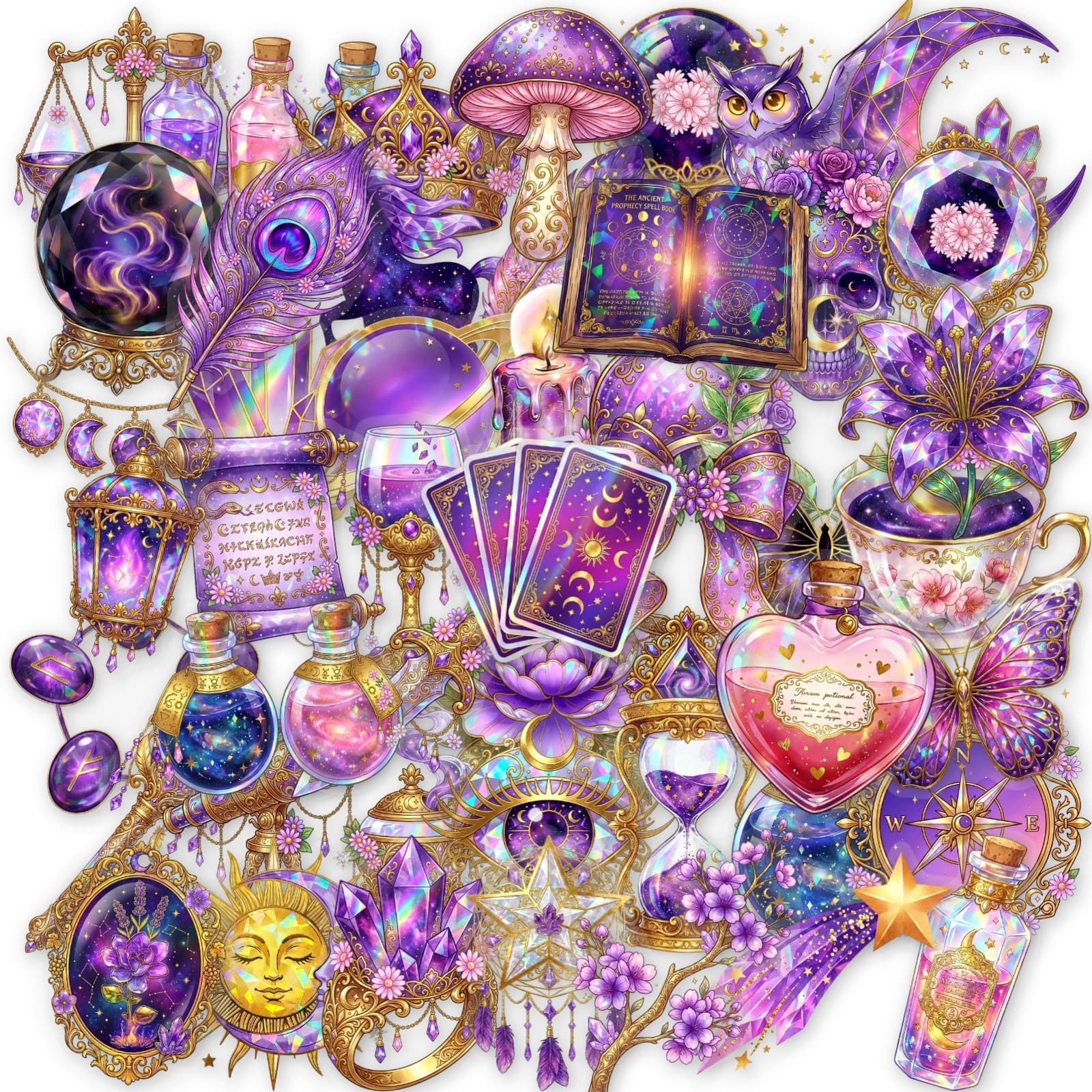 Amethyst Magic Wind Stickers 50pcs Mystical Star Moon Unicorn Potion Bottle Transparent PET Waterproof Stickers for Luggage DIY