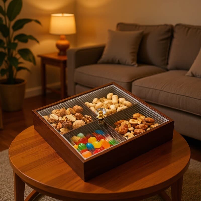 Japanese 9-Grid Dried Fruit Tray, Living Room Home Use 4-Grid Stove-Boiled Tea Nut Wooden Grid Snack Platter with Lid