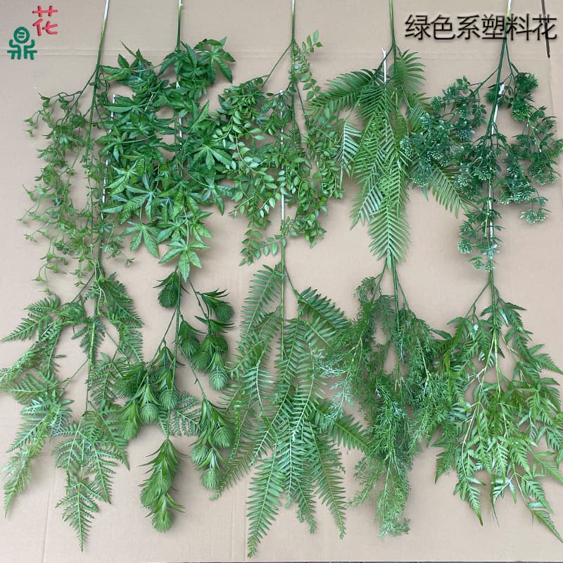 Green Themed Wedding Artificial Plastic Flowers, Dark Green Background Ceiling Celery Leaves, Aisle Decoration Fake Flowers