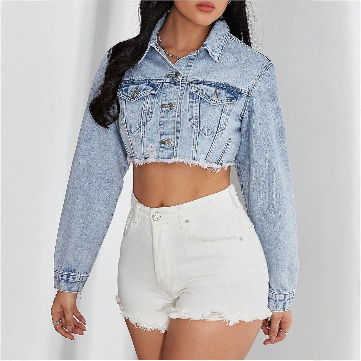 2026 Aliexpress Summer Women's New Casual Denim Jacket with Frayed Edges, Slimming Hot Girl Style Versatile Short Jacket Wholesale
