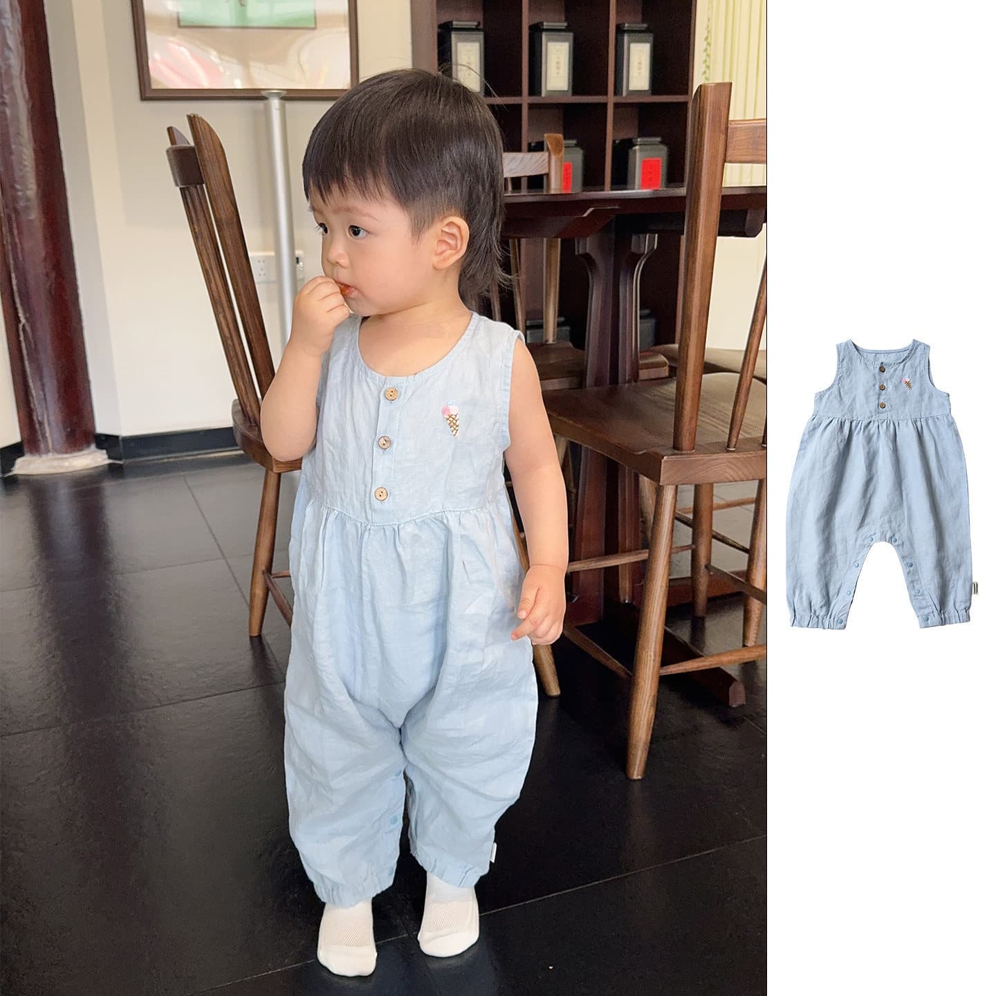 i'meng bebe Summer New Baby Blue Sleeveless Bodysuit Baby 100% Linen Overalls