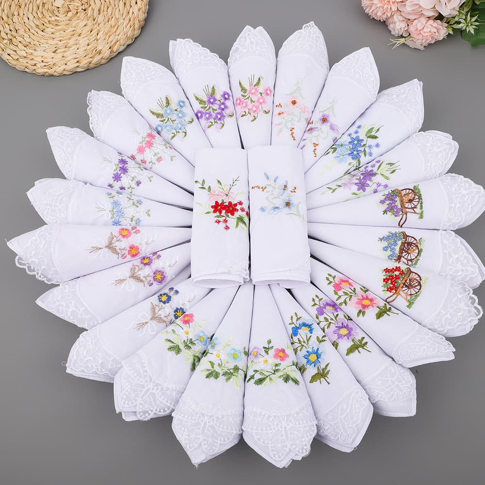 High-grade pure cotton 60-count yarn handkerchief with butterfly flower embroidery and lace trim, pure cotton women's embroidered white handkerchief, 28cm
