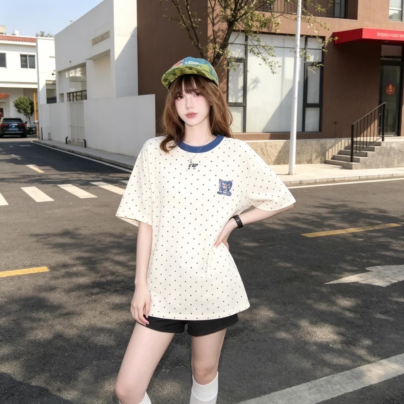 American-Style Korean Sweet Polka Dot Apricot-Colored Heavy-Duty T-Shirt for Women, Summer Short-Sleeve College Style Loose Color-Block Top
