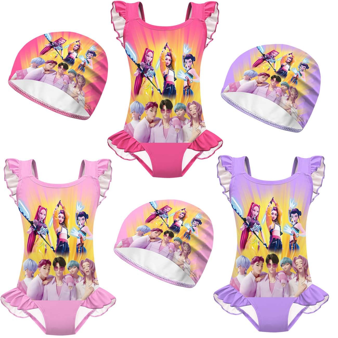New children's swimsuit cosplay witcher group print girls one-piece lace swimsuit set 20828