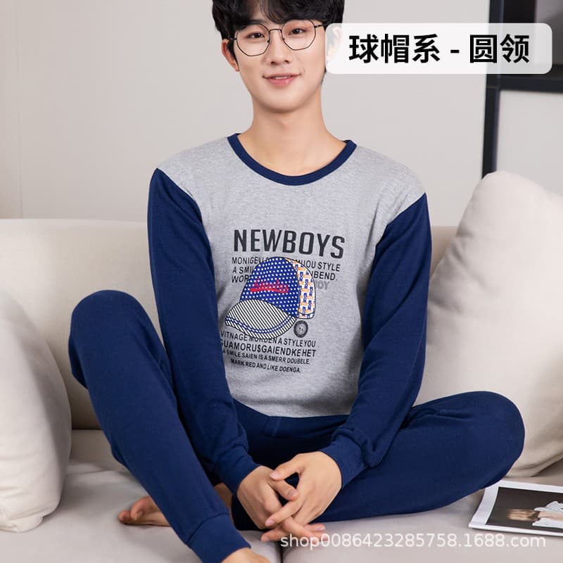 Round Neck Thermal Underwear Set for Men and Boys, Homewear Student Base Layer, Pure Cotton Long Johns, Can Be Worn as Outerwear