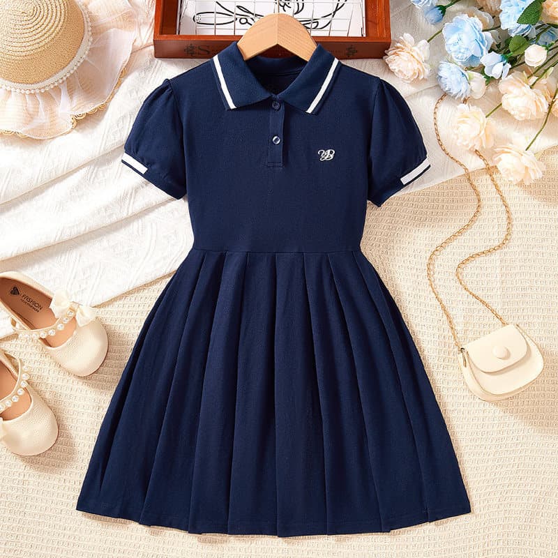 New Summer Girls' School Style Dress, Children's Short Sleeve Polo Dress, Girls' Turn-down Collar Short Sleeve Dress for Older Kids
