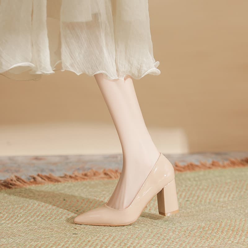 YB-59 Patent Leather Large Size Wide Single Shoes Size 44 Pointed Toe Women's Shoes Non-Chafing Nude Pink Chunky Heel High Heels