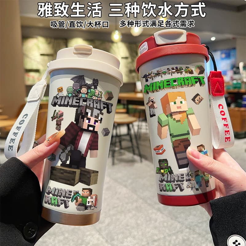 Minecraft High-Appearance Insulated Cup Large Capacity Dual-Drink Straw Water Bottle Kids Students Stainless Steel Water Bottle Men