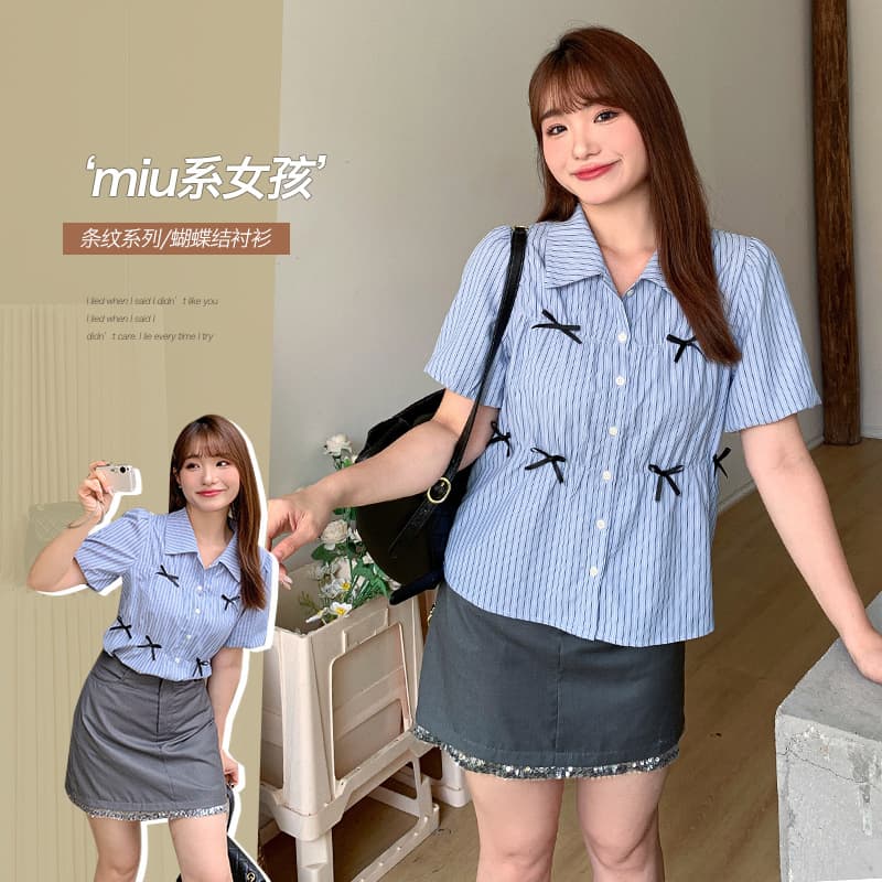 Preppy Style Design Slimming Plus Size Shirt For Women Salt Sweet Matching Bow Blueshirt Large Size Snowflake Shirt 62686