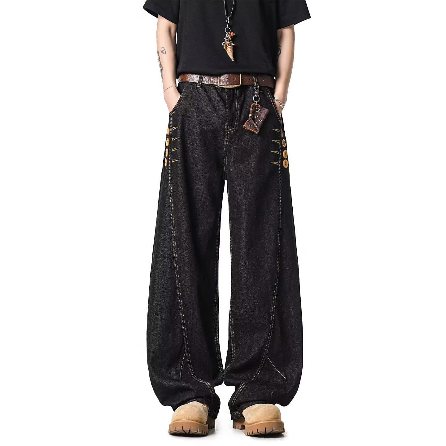 American retro high street deconstructed buttoned raw cow scimitar jeans for men and women loose dad pants wide-leg floor-length trousers