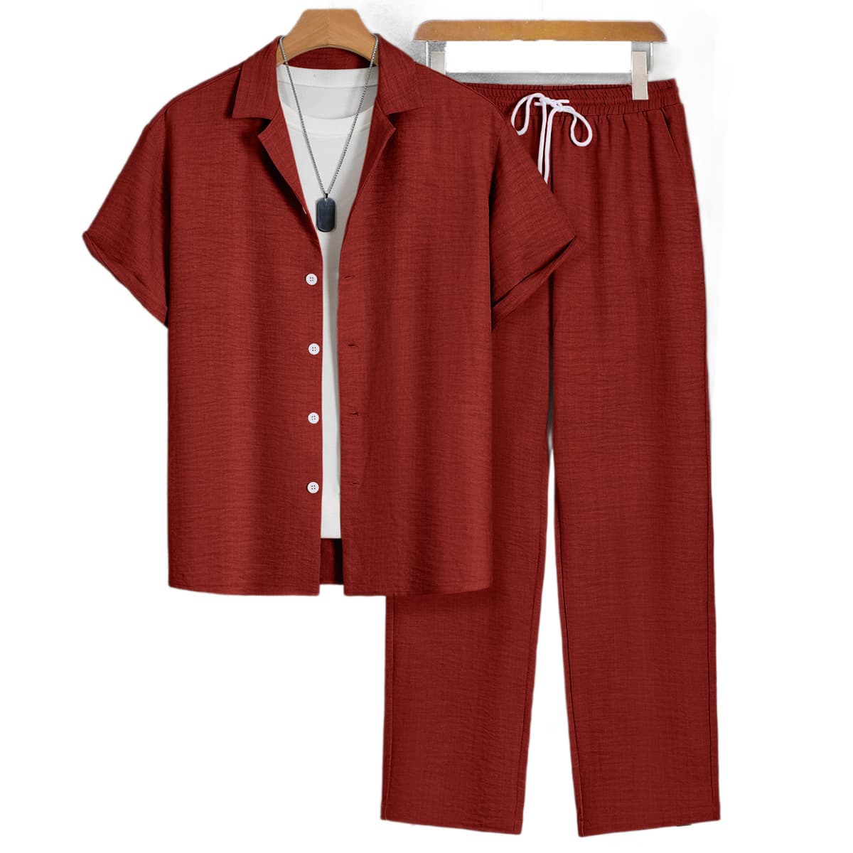 Summer Fashion Casual Short-Sleeve Shirt Set for Men, Trendy Light Luxury Solid Color with Long Pants Two-Piece Set New Arrival