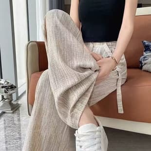 Cotton Linen Pants 2026 Summer New Ice Silk Wide Leg Pants Women Flowy Slimming Thin Straight Leg Pants Breathable Casual Pants