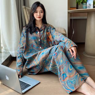 Plus Size Cotton Pajamas for Women, Cartoon Print Long Sleeve Long Pants Two-Piece Set, Spring Autumn Turn-Down Collar Cardigan Thin Pajama Set