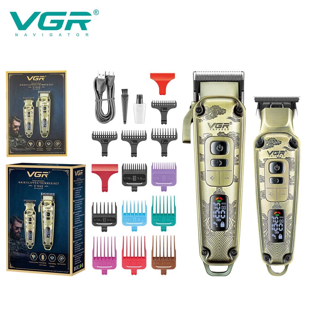 VGR643 Cross-Border New Set Metal Hair Clipper Digital Display Carving Fade Electric Hair Trimmer