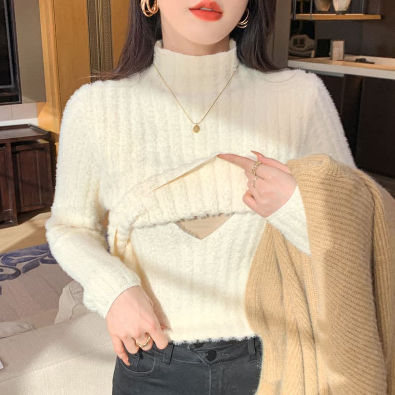 In Stock Real Photo Autumn Winter Fleece-Lined Thick Nursing Sweater Postpartum Confinement Warm Half Turtleneck Breastfeeding Base Layer